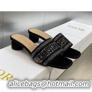 Discount Dior Dway Heeled Slide Sandals 3.5cm in Black Cotton Embroidered with Crystals 605055