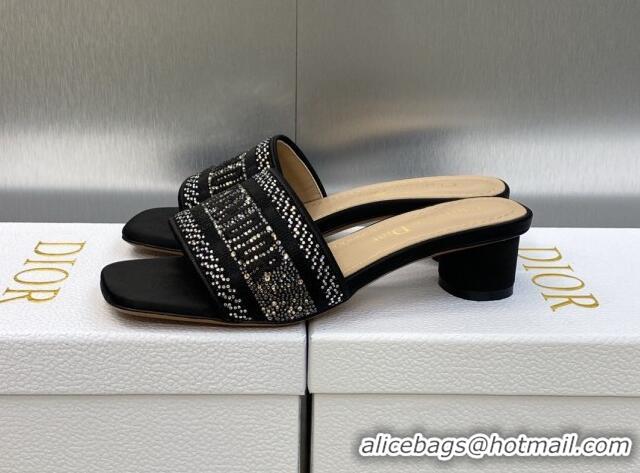 Discount Dior Dway Heeled Slide Sandals 3.5cm in Black Cotton Embroidered with Crystals 605055