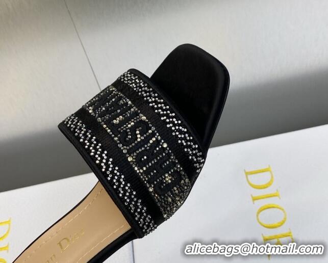 Discount Dior Dway Heeled Slide Sandals 3.5cm in Black Cotton Embroidered with Crystals 605055