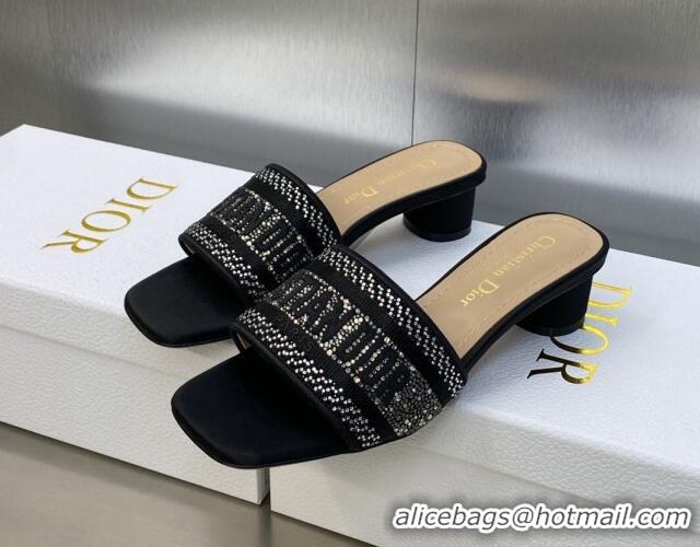 Discount Dior Dway Heeled Slide Sandals 3.5cm in Black Cotton Embroidered with Crystals 605055