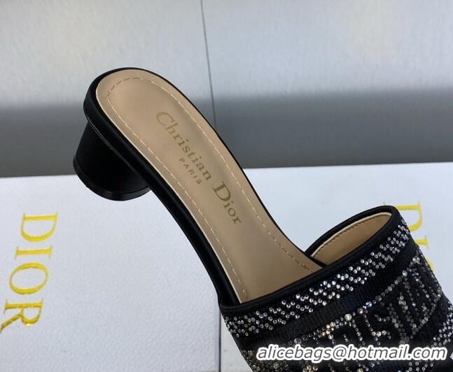 Discount Dior Dway Heeled Slide Sandals 3.5cm in Black Cotton Embroidered with Crystals 605055