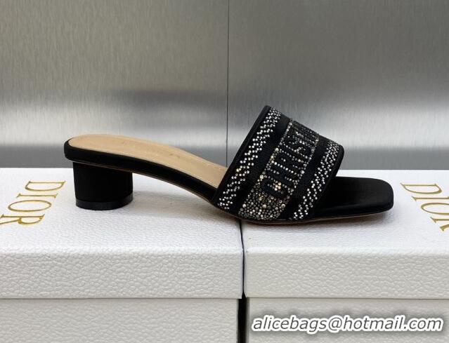 Discount Dior Dway Heeled Slide Sandals 3.5cm in Black Cotton Embroidered with Crystals 605055