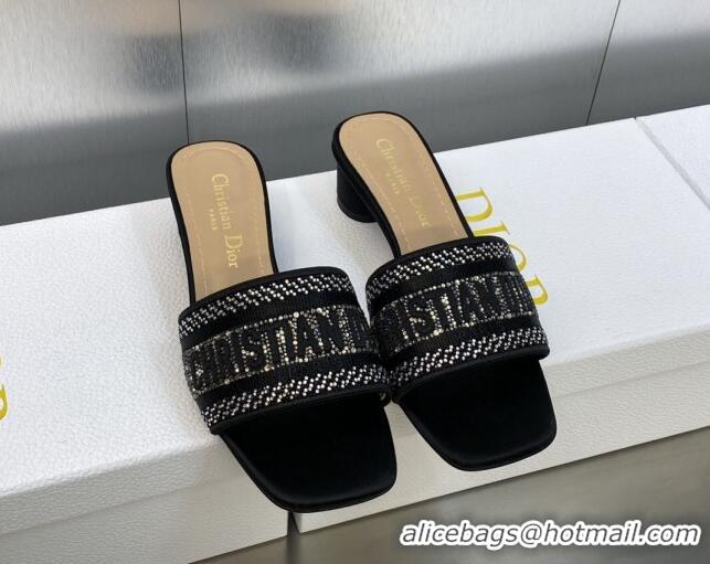 Discount Dior Dway Heeled Slide Sandals 3.5cm in Black Cotton Embroidered with Crystals 605055