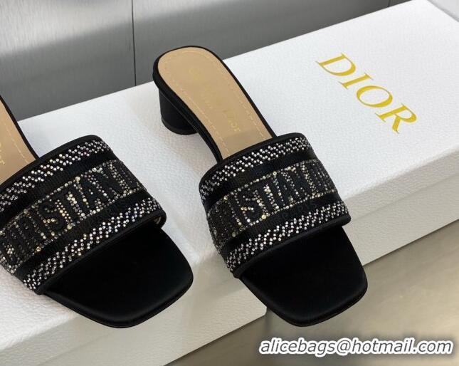 Discount Dior Dway Heeled Slide Sandals 3.5cm in Black Cotton Embroidered with Crystals 605055