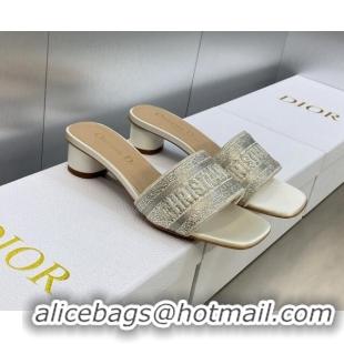 Low Cost Dior Dway Heeled Slide Sandals 3.5cm in Light Grey Cotton Embroidered with Metallic Thread and Crystals 605057