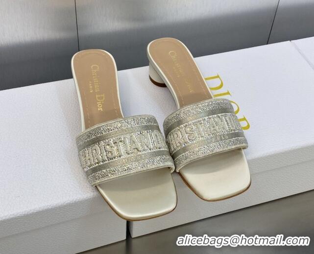 Low Cost Dior Dway Heeled Slide Sandals 3.5cm in Light Grey Cotton Embroidered with Metallic Thread and Crystals 605057