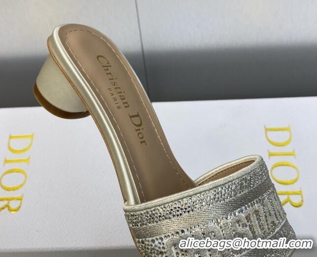 Low Cost Dior Dway Heeled Slide Sandals 3.5cm in Light Grey Cotton Embroidered with Metallic Thread and Crystals 605057