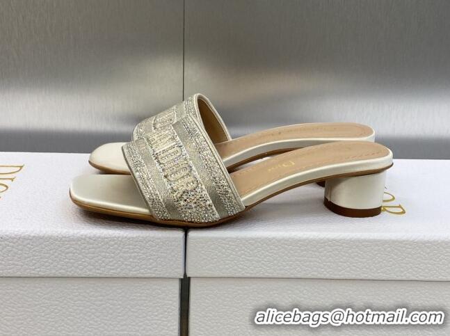 Low Cost Dior Dway Heeled Slide Sandals 3.5cm in Light Grey Cotton Embroidered with Metallic Thread and Crystals 605057