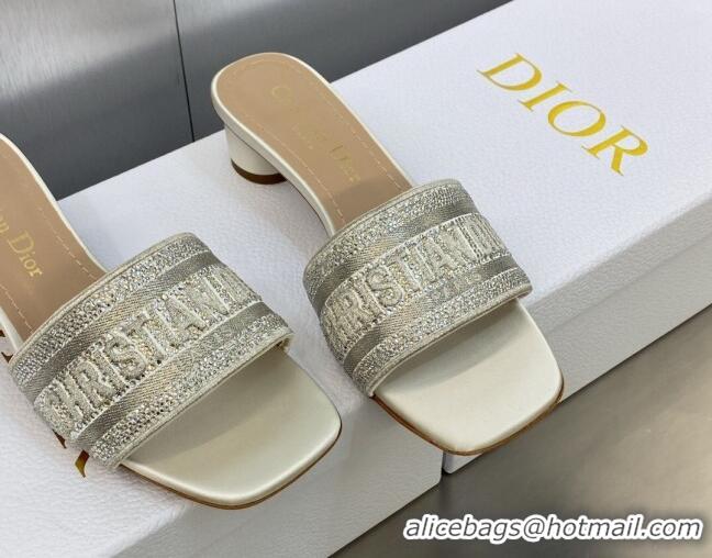 Low Cost Dior Dway Heeled Slide Sandals 3.5cm in Light Grey Cotton Embroidered with Metallic Thread and Crystals 605057