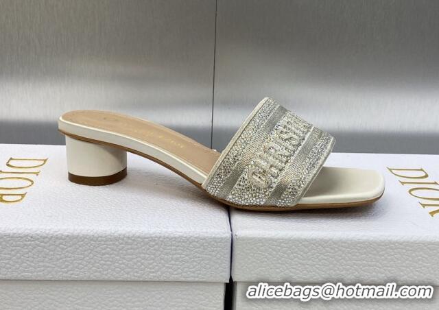 Low Cost Dior Dway Heeled Slide Sandals 3.5cm in Light Grey Cotton Embroidered with Metallic Thread and Crystals 605057