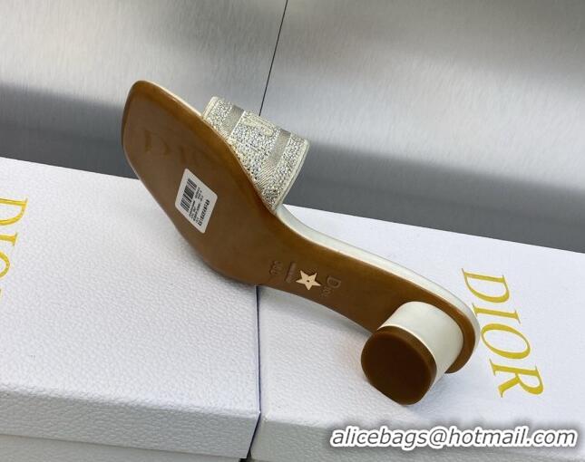 Low Cost Dior Dway Heeled Slide Sandals 3.5cm in Light Grey Cotton Embroidered with Metallic Thread and Crystals 605057