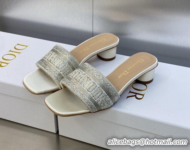 Low Cost Dior Dway Heeled Slide Sandals 3.5cm in Light Grey Cotton Embroidered with Metallic Thread and Crystals 605057