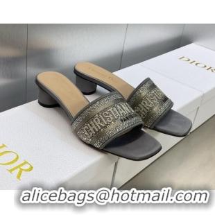 Discount Dior Dway Heeled Slide Sandals 3.5cm in Dark Grey Cotton Embroidered with Metallic Thread and Crystals 605059