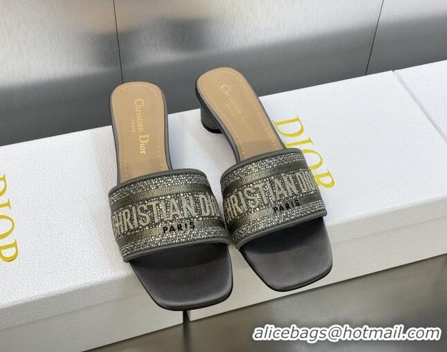 Discount Dior Dway Heeled Slide Sandals 3.5cm in Dark Grey Cotton Embroidered with Metallic Thread and Crystals 605059