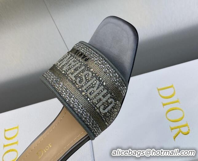 Discount Dior Dway Heeled Slide Sandals 3.5cm in Dark Grey Cotton Embroidered with Metallic Thread and Crystals 605059