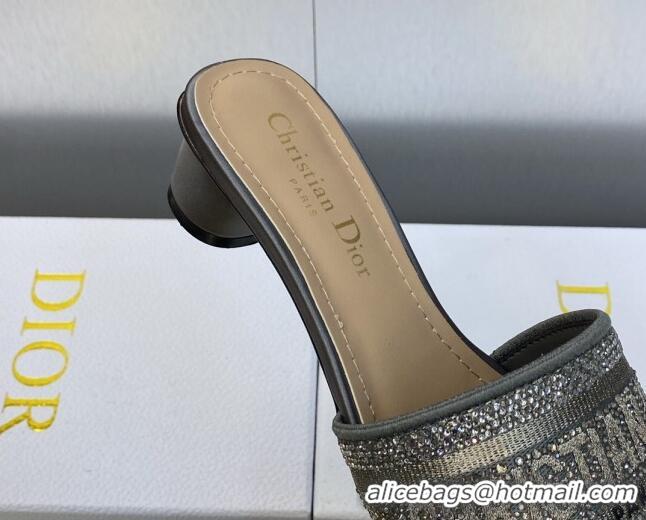 Discount Dior Dway Heeled Slide Sandals 3.5cm in Dark Grey Cotton Embroidered with Metallic Thread and Crystals 605059