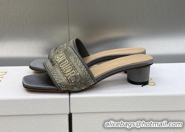 Discount Dior Dway Heeled Slide Sandals 3.5cm in Dark Grey Cotton Embroidered with Metallic Thread and Crystals 605059