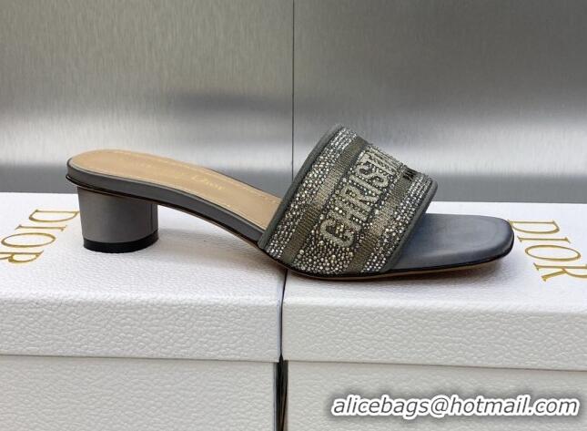 Discount Dior Dway Heeled Slide Sandals 3.5cm in Dark Grey Cotton Embroidered with Metallic Thread and Crystals 605059