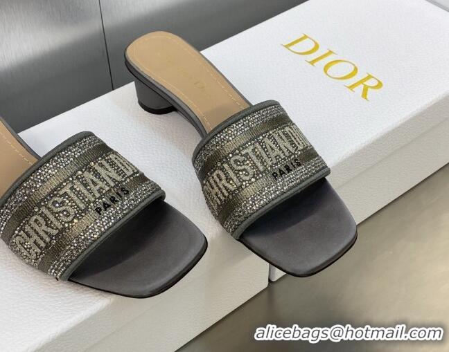 Discount Dior Dway Heeled Slide Sandals 3.5cm in Dark Grey Cotton Embroidered with Metallic Thread and Crystals 605059