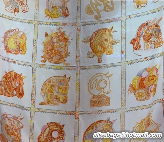 Luxury Cheap Hermes Chevaloscope Shawl Scarf 140cm H3005 White/Orange 2023