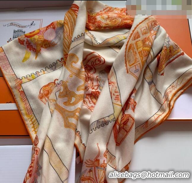 Luxury Cheap Hermes Chevaloscope Shawl Scarf 140cm H3005 White/Orange 2023