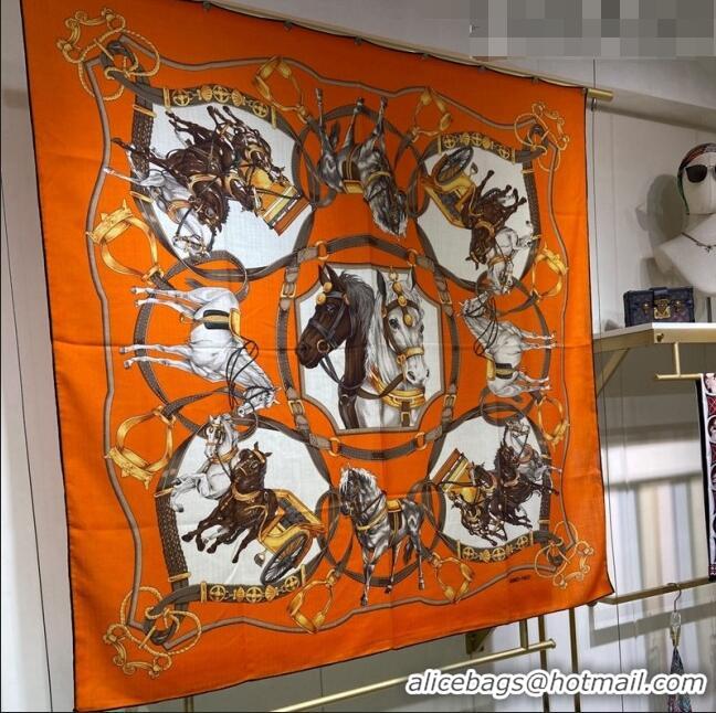 Shop Grade Hermes Embroidered Grand Cashmere Shawl Scarf 140cm H7056 Orange 2023