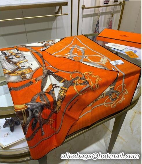 Shop Grade Hermes Embroidered Grand Cashmere Shawl Scarf 140cm H7056 Orange 2023