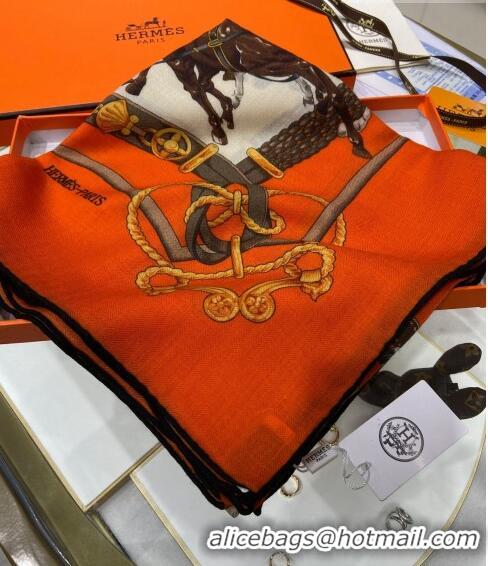 Shop Grade Hermes Embroidered Grand Cashmere Shawl Scarf 140cm H7056 Orange 2023