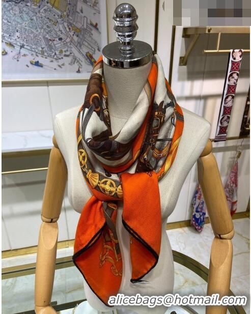 Shop Grade Hermes Embroidered Grand Cashmere Shawl Scarf 140cm H7056 Orange 2023