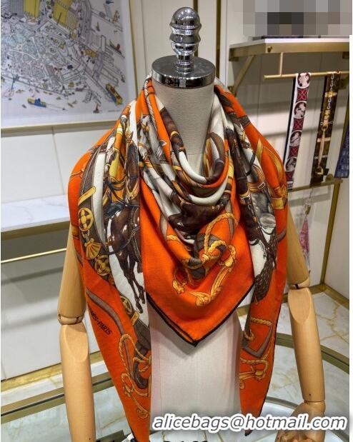 Shop Grade Hermes Embroidered Grand Cashmere Shawl Scarf 140cm H7056 Orange 2023