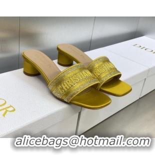 Popular Style Dior Dway Heeled Slide Sandals 3.5cm in Yellow Cotton Embroidered with Metallic Thread and Crystals 605061