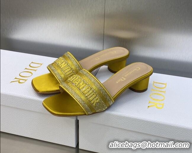 Popular Style Dior Dway Heeled Slide Sandals 3.5cm in Yellow Cotton Embroidered with Metallic Thread and Crystals 605061