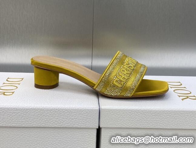 Popular Style Dior Dway Heeled Slide Sandals 3.5cm in Yellow Cotton Embroidered with Metallic Thread and Crystals 605061