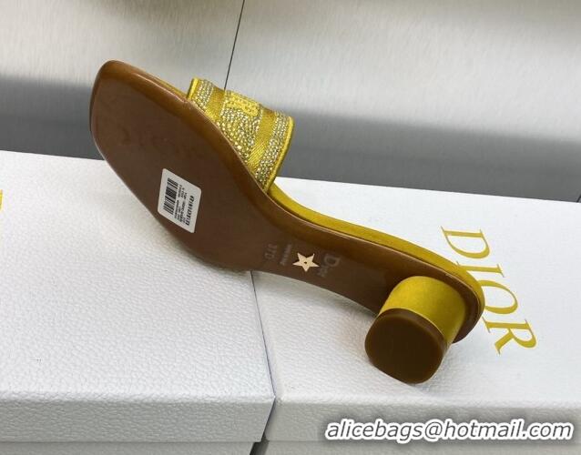 Popular Style Dior Dway Heeled Slide Sandals 3.5cm in Yellow Cotton Embroidered with Metallic Thread and Crystals 605061