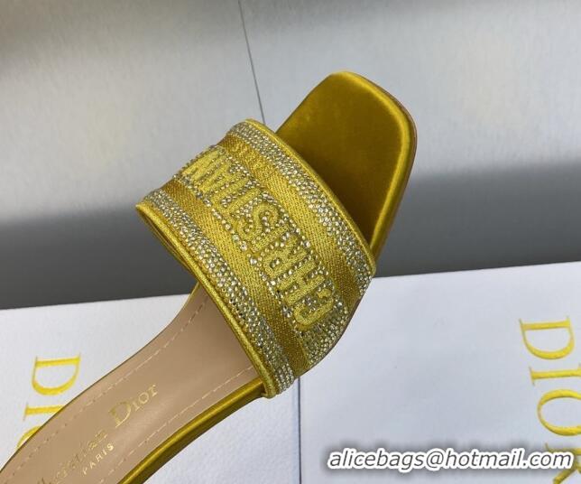 Popular Style Dior Dway Heeled Slide Sandals 3.5cm in Yellow Cotton Embroidered with Metallic Thread and Crystals 605061