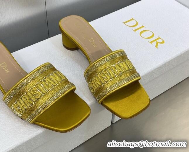 Popular Style Dior Dway Heeled Slide Sandals 3.5cm in Yellow Cotton Embroidered with Metallic Thread and Crystals 605061