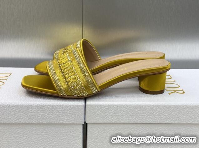 Popular Style Dior Dway Heeled Slide Sandals 3.5cm in Yellow Cotton Embroidered with Metallic Thread and Crystals 605061