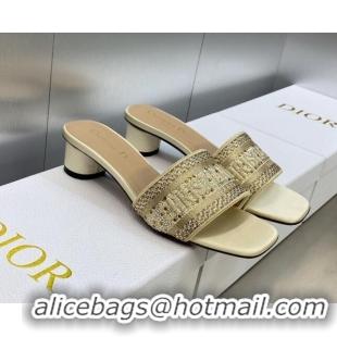 Unique Style Dior Dway Heeled Slide Sandals 3.5cm in Gold-Tone Cotton Embroidered with Metallic Thread and Crystals 6050