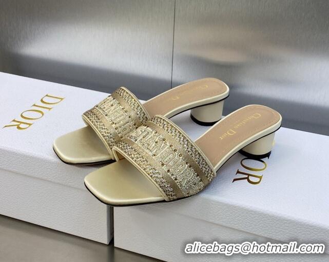 Unique Style Dior Dway Heeled Slide Sandals 3.5cm in Gold-Tone Cotton Embroidered with Metallic Thread and Crystals 6050