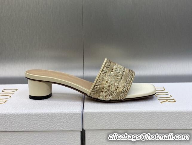 Unique Style Dior Dway Heeled Slide Sandals 3.5cm in Gold-Tone Cotton Embroidered with Metallic Thread and Crystals 6050