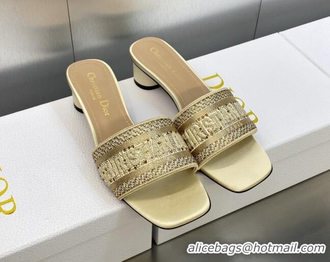 Unique Style Dior Dway Heeled Slide Sandals 3.5cm in Gold-Tone Cotton Embroidered with Metallic Thread and Crystals 6050