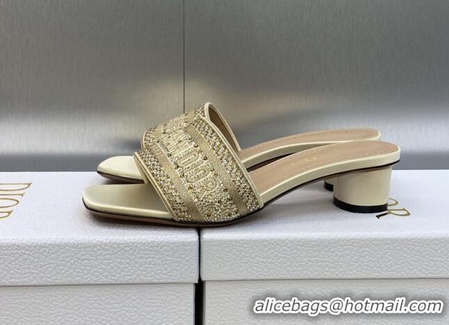 Unique Style Dior Dway Heeled Slide Sandals 3.5cm in Gold-Tone Cotton Embroidered with Metallic Thread and Crystals 6050