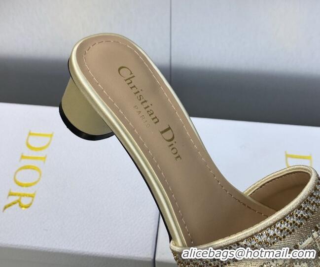 Unique Style Dior Dway Heeled Slide Sandals 3.5cm in Gold-Tone Cotton Embroidered with Metallic Thread and Crystals 6050