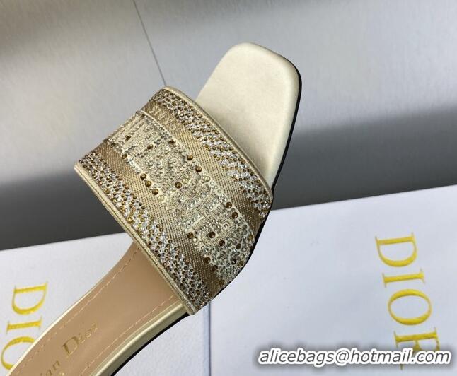 Unique Style Dior Dway Heeled Slide Sandals 3.5cm in Gold-Tone Cotton Embroidered with Metallic Thread and Crystals 6050