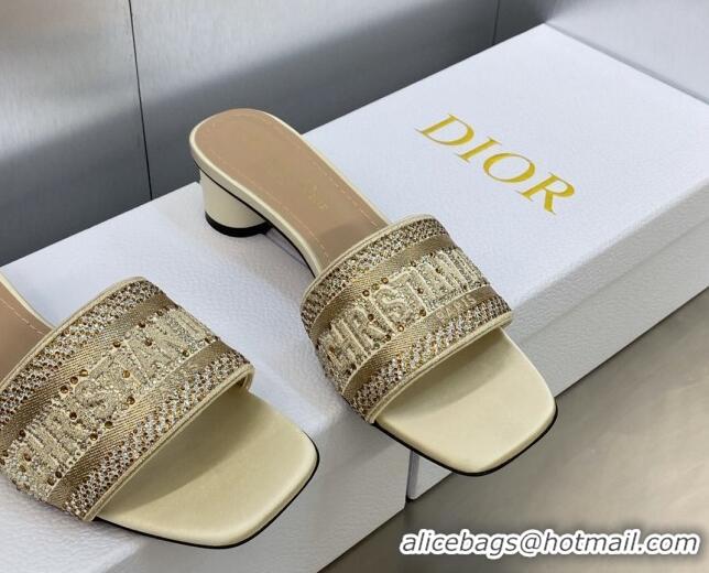 Unique Style Dior Dway Heeled Slide Sandals 3.5cm in Gold-Tone Cotton Embroidered with Metallic Thread and Crystals 6050