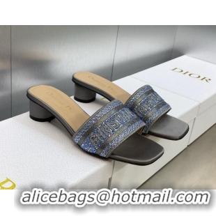 Purchase Dior Dway Heeled Slide Sandals 3.5cm in Steel Grey Cotton Embroidered with Metallic Thread and Crystals 605065