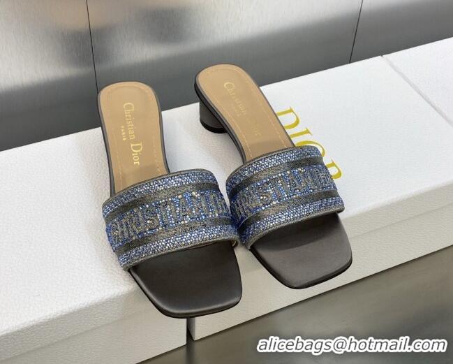 Purchase Dior Dway Heeled Slide Sandals 3.5cm in Steel Grey Cotton Embroidered with Metallic Thread and Crystals 605065