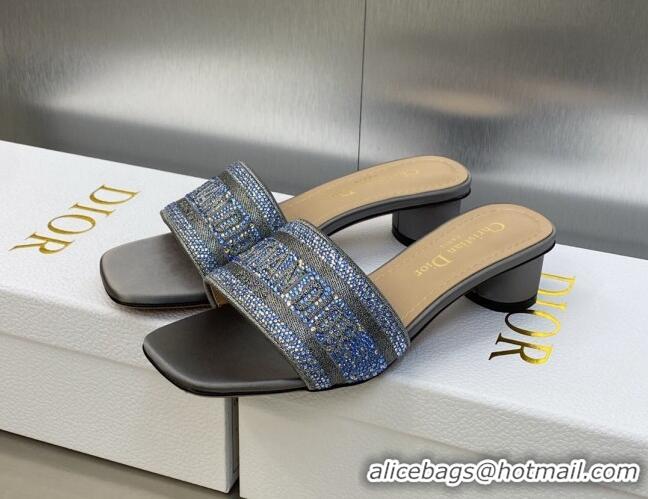 Purchase Dior Dway Heeled Slide Sandals 3.5cm in Steel Grey Cotton Embroidered with Metallic Thread and Crystals 605065