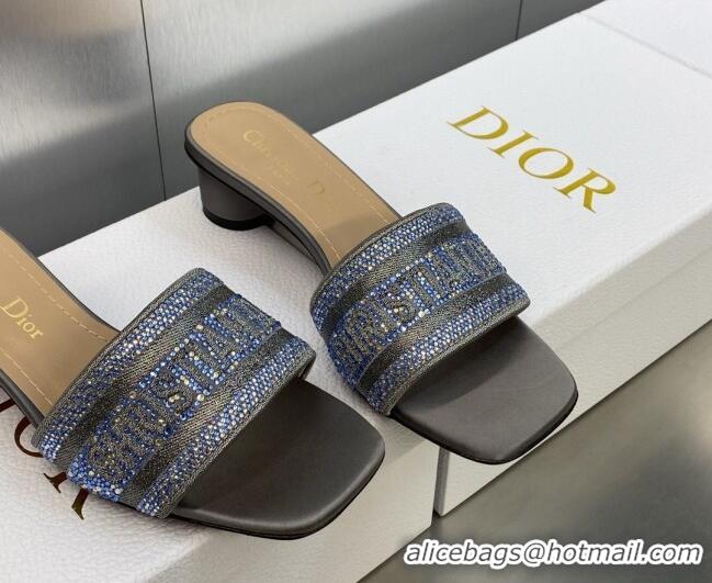 Purchase Dior Dway Heeled Slide Sandals 3.5cm in Steel Grey Cotton Embroidered with Metallic Thread and Crystals 605065