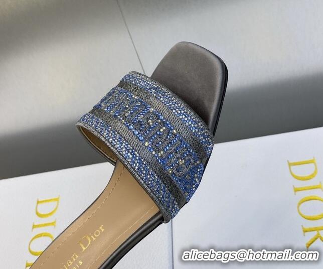 Purchase Dior Dway Heeled Slide Sandals 3.5cm in Steel Grey Cotton Embroidered with Metallic Thread and Crystals 605065